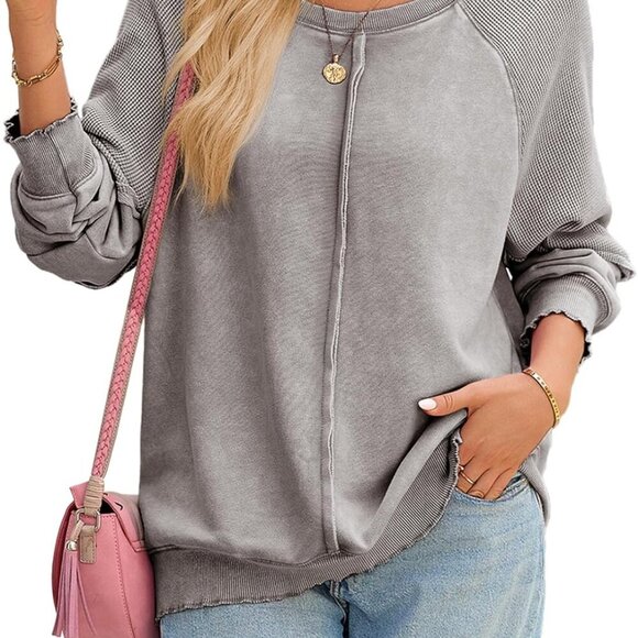 Womens Oversized Off The Shoulder Sweatshirt Casual Crewneck Long Sleeve Reverse - Picture 7 of 7